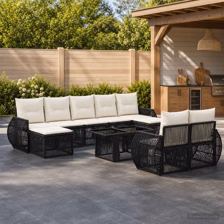 Set Divano da Giardino vidaXL 10 Pezzi in Polyrattan Nero e Bianco Crema con Cuscini per Esterno