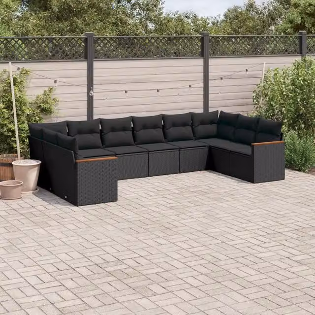 Set Divani da Giardino 10pz con Cuscini in Polyrattan Nero 3258723