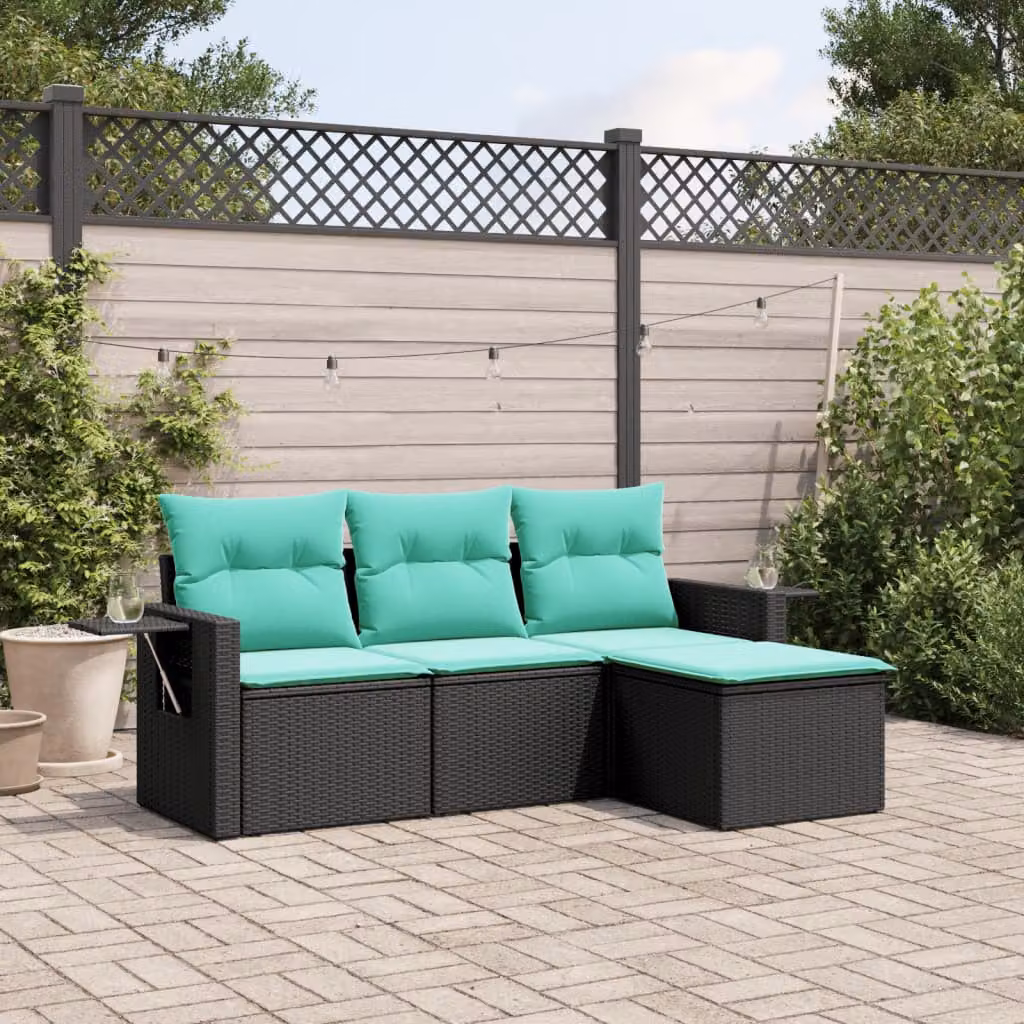 Set di divani da giardino vidaXL in polyrattan nero con cuscini e pouf a forma di L per esterno