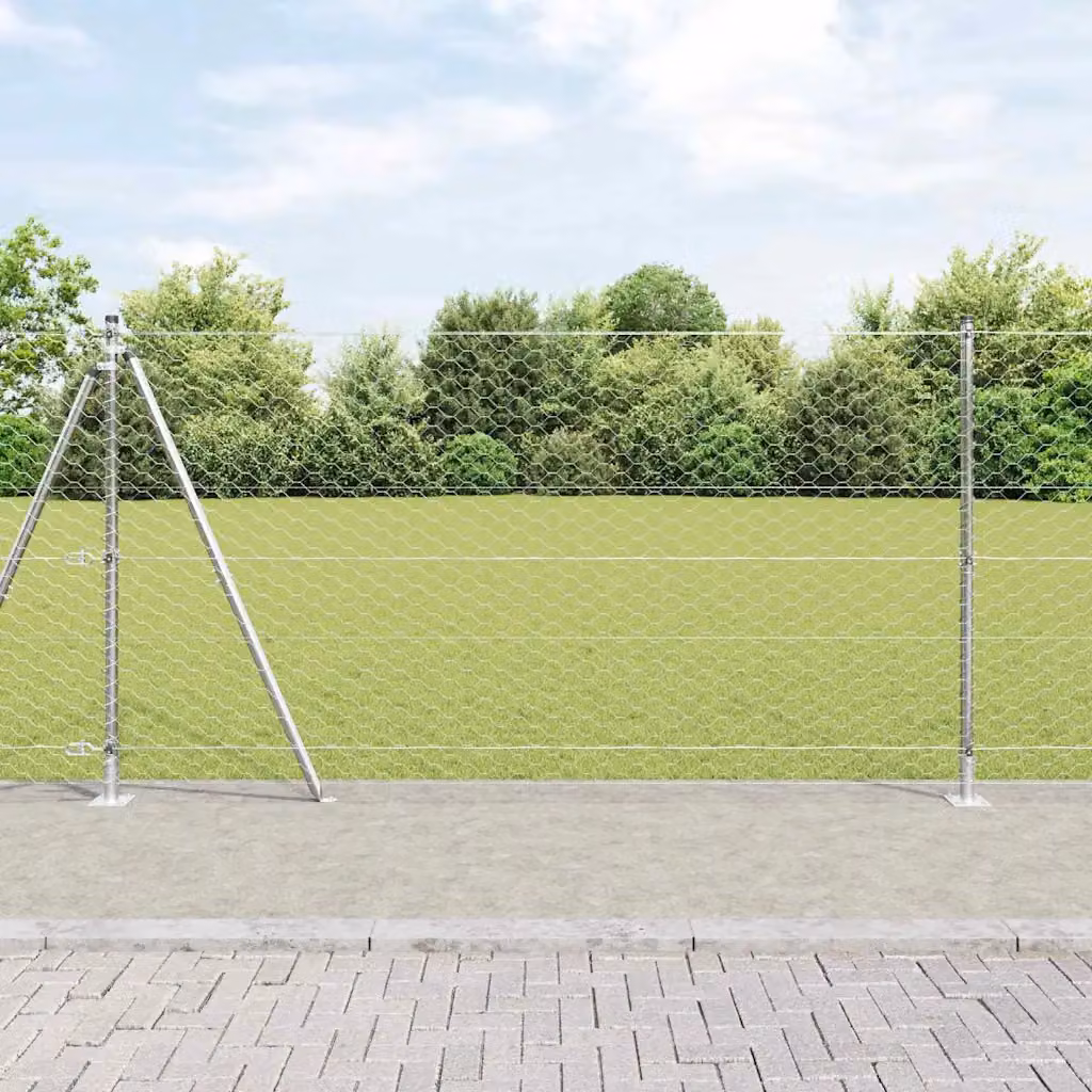 Recinzione esagonale vidaXL in acciaio galvanizzato con base in cemento, Argento, L: 10 m, H: 1,2 m