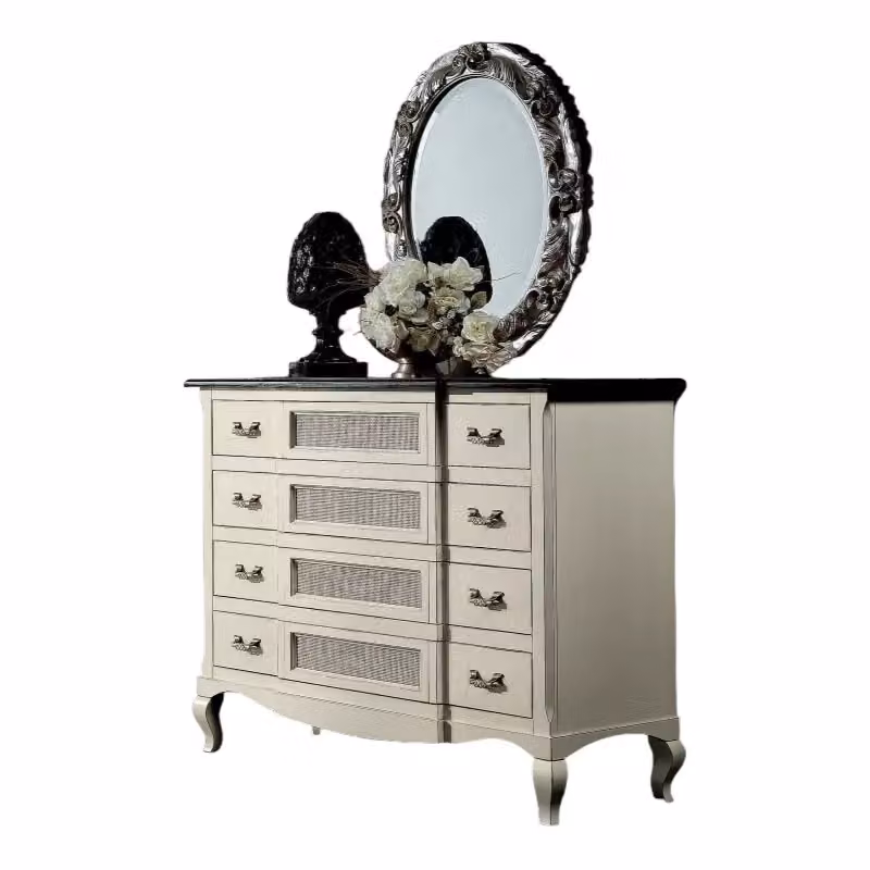 Cassettiera shabby chic in legno e rattan bicolore bianco e marrone Mobili 2G L: 124 cm, P: 55 cm, H: 105 cm – 1