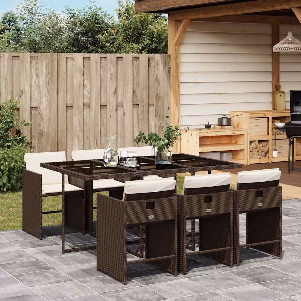 vidaXL Set da Pranzo da Giardino 7pz in Polyrattan Marrone con Piano in Vetro e Cuscini – 1