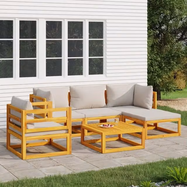 Set Salotto da Giardino a L vidaXL in Legno di Acacia con Cuscini Grigio con Tavolino e Pouf – 1