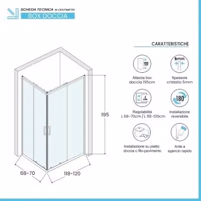 Box doccia angolare Tay con doppio sistema scorrevole e vetro stampato decorato, L: 120 cm, P: 70 cm, H: 195 cm – 2