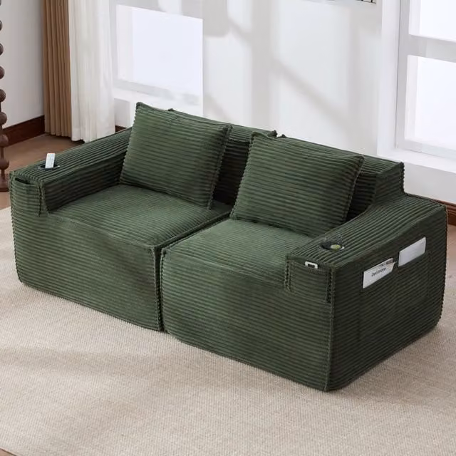 Divano modulare REDOM a 2 posti in velluto a coste verde con portabicchieri L: 188 cm, P: 90 cm, H: 75 cm