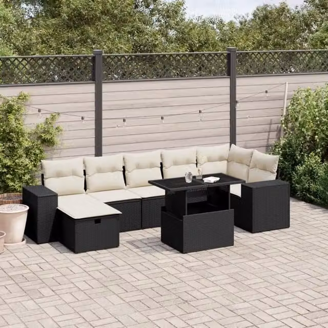 Set di divani da giardino vidaXL in polyrattan nero con cuscini e tavolino, composizione a L con 8 pezzi per esterno