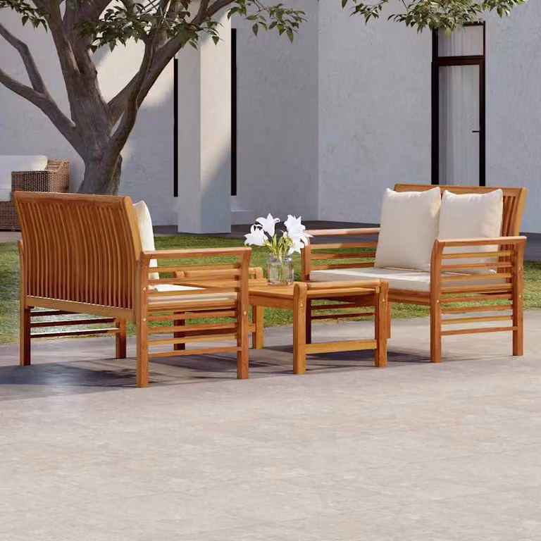 Set Mobili da Giardino vidaXL in Legno di Acacia con Cuscini, 3 Pezzi, Marrone e Bianco