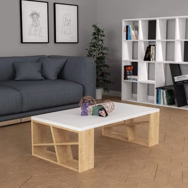 Tavolino da salotto Honey EFFEZE con piano bianco e gambe in rovere, L/P/H: 60 x 40 x 30 cm