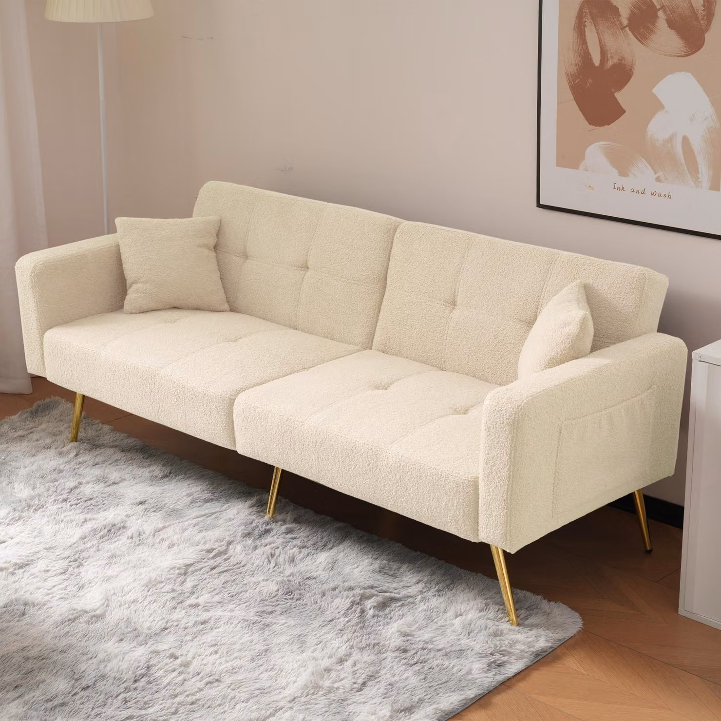 Divano letto ZR Home con schienale regolabile e gambe dorate, rivestimento in sherpa, Beige, L: 175 cm, P: 64 cm, H: 72 cm – 2