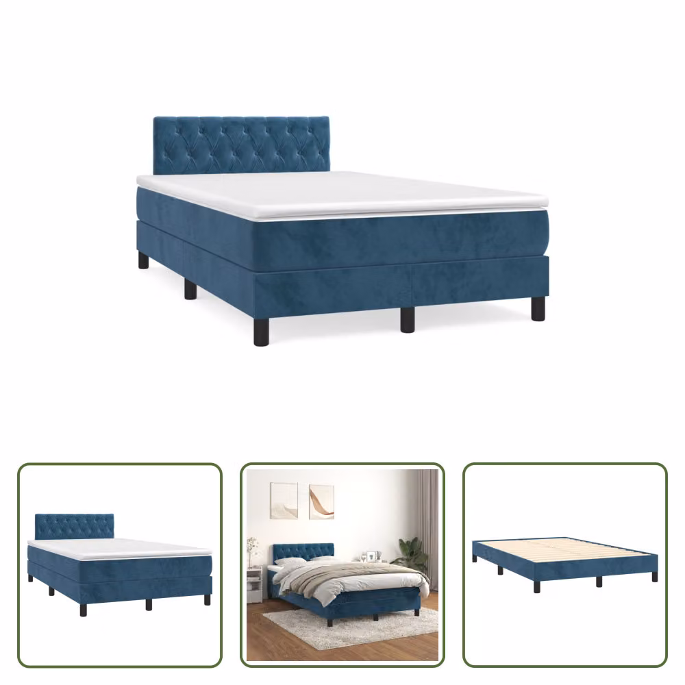 The Living Store Letto a molle con materasso blu scuro 120x190 cm in velluto