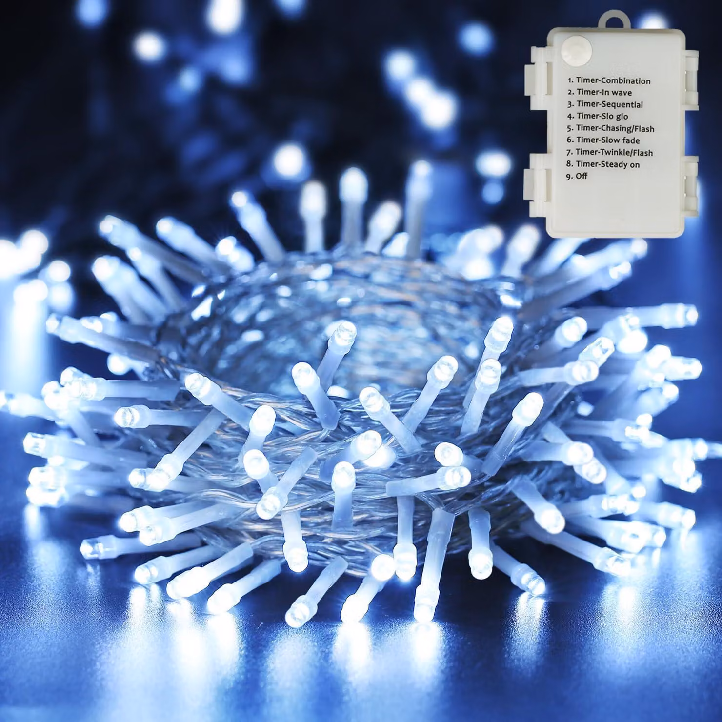 Catena luminosa da 10 metri, 100 LED, luce bianca fredda, 8 modalità, impermeabile