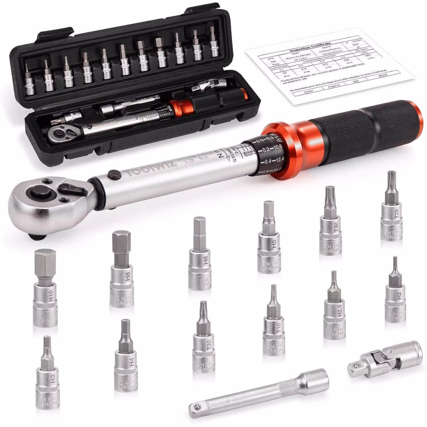 Set di 15 chiavi dinamometriche da 1/4 di pollice, coppia da 2-26 Nm, 72 denti, con cricchetto a commutazione rapida, inserti e prolunga