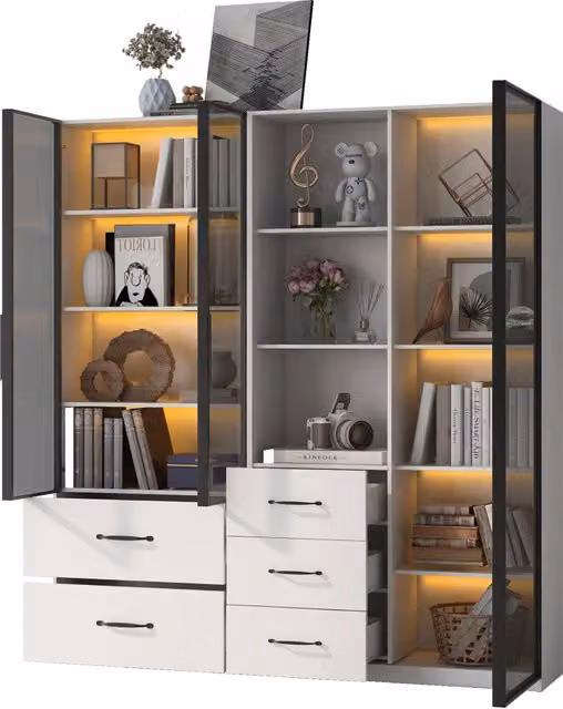 Vetrina modulare con LED, ante in vetro, 5 cassetti, ripiani e vani aperti per soggiorno e cucina, bianco, 140 × 40 × 160 cm