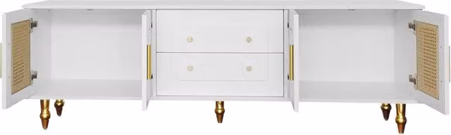 Mobile TV bianco 175x38x55,5 cm con ante in rattan e gambe dorate