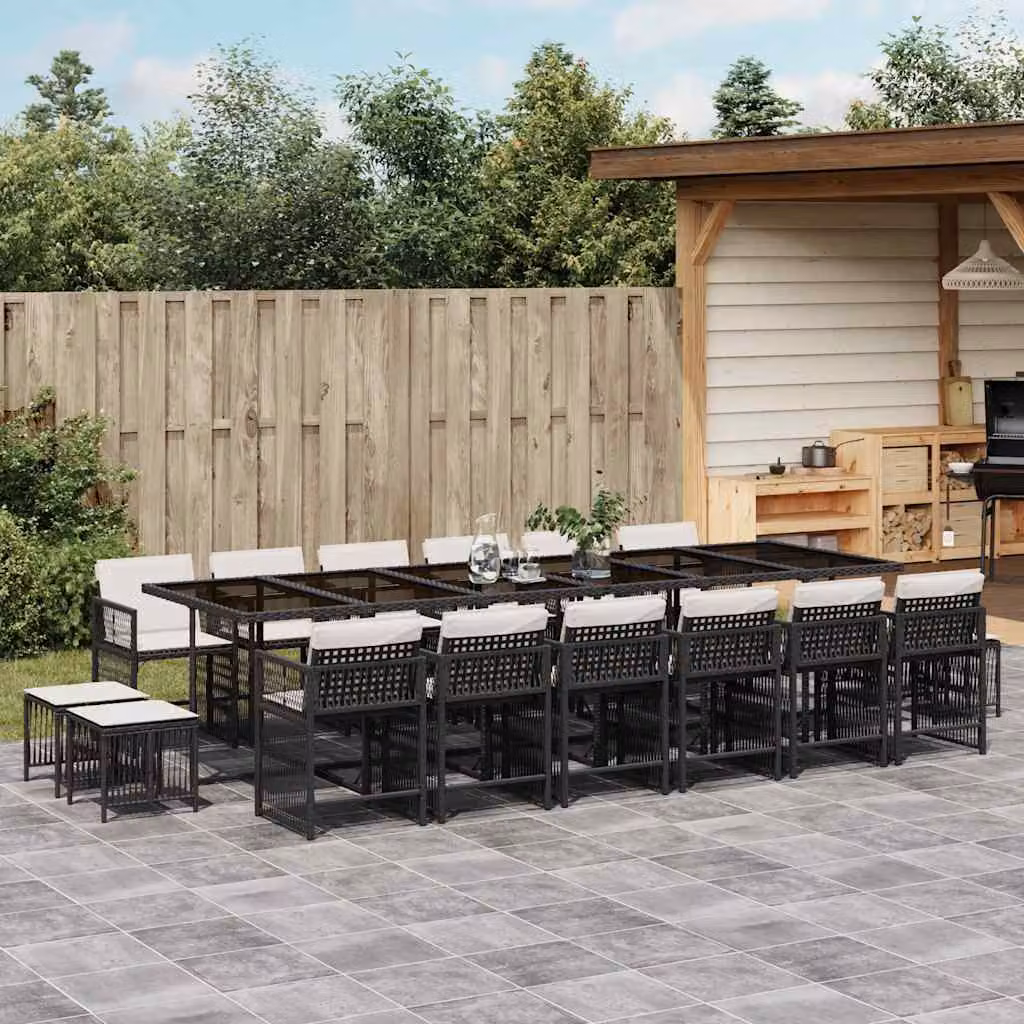 vidaXL Set da Pranzo da Giardino 17 pz in Polyrattan Nero con Piano in Vetro e Cuscini – 1