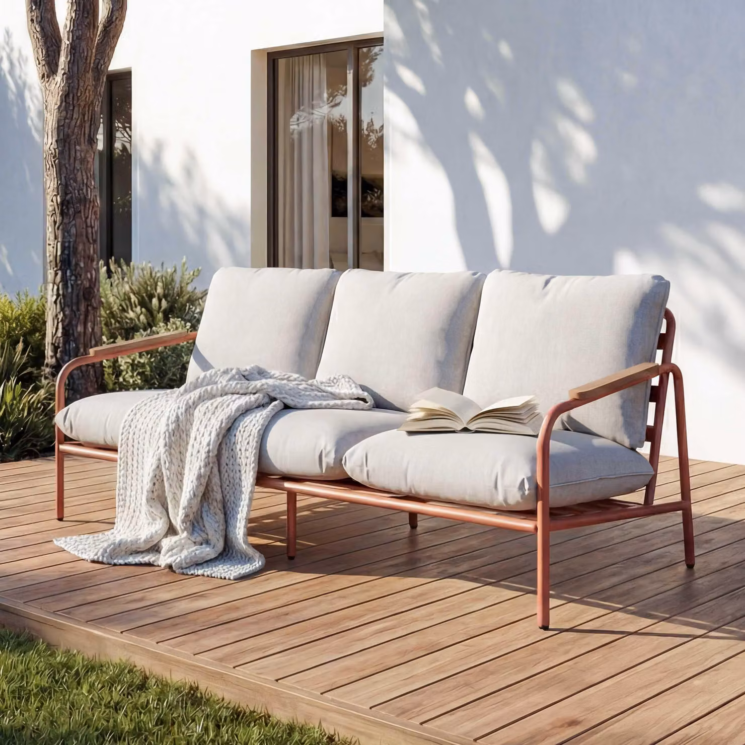 Panchina da giardino in alluminio MCW-O11, divano da esterno a 3 posti, tessuto olefinico (205 g/m²) 184 cm ~ imbottitura terracotta beige