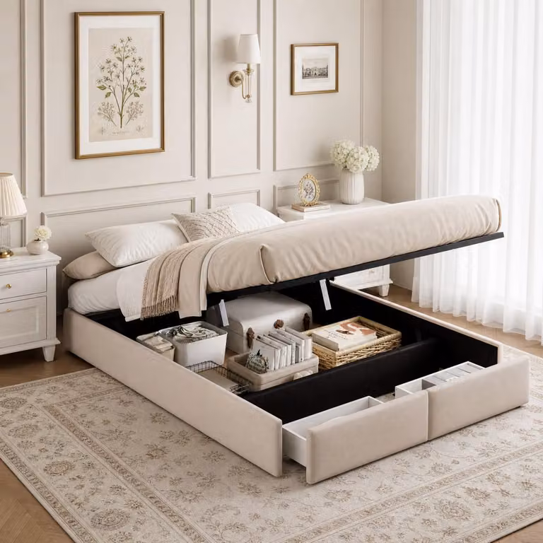 Letto imbottito INONEFT, 140x200 cm, piattaforma, letto matrimoniale con spazio contenitore, letto idraulico con 2 cassetti, letto per ragazzi con rete a doghe, colore: lino, beige