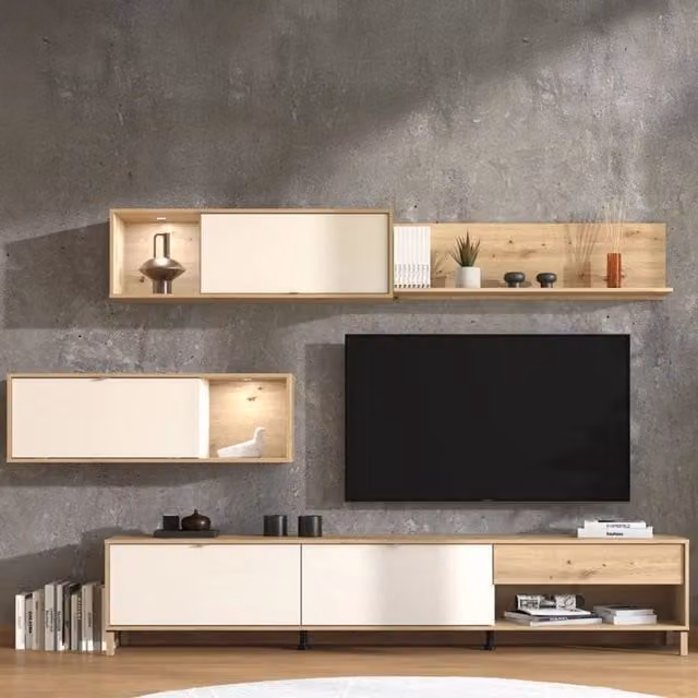 Parete Attrezzata Mobile Soggiorno Alunzio DMORA, Design Moderno con 5 Ripiani e Ante, Colore Bianco e Beige, L: 234 cm, P: 40 cm, H: 178 cm – 1