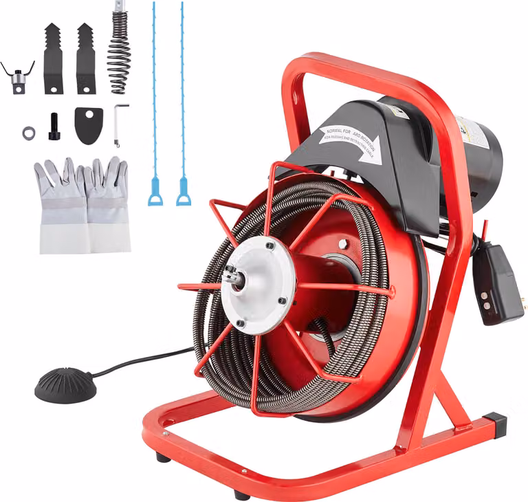 SucceBuy Macchina per la pulizia dei tubi 50 piedi x 3/8 di pollice, bobina per fognature ad alimentazione manuale, macchina per la pulizia dei tubi elettrica da 250w con 4 frese e interruttore a pedale attivato dall'aria.