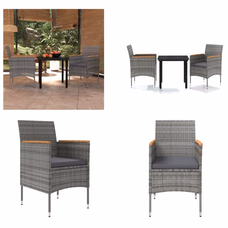 vidaXL Set da pranzo da giardino 3 pezzi con cuscini grigio e nero - Set da pranzo da giardino - Set da pranzo da giardino - Set di mobili da giardino - Set di mobili da giardino