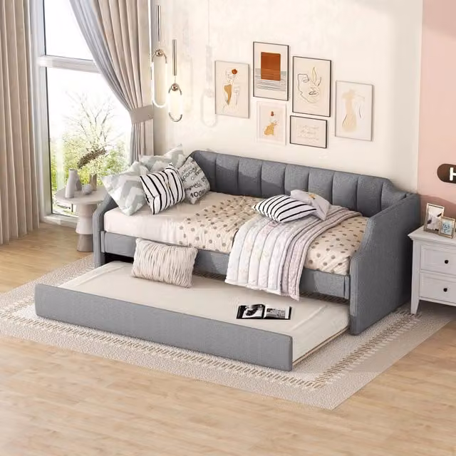 Letto giorno imbottito con letto estraibile in cotone lino grigio 90x200 cm