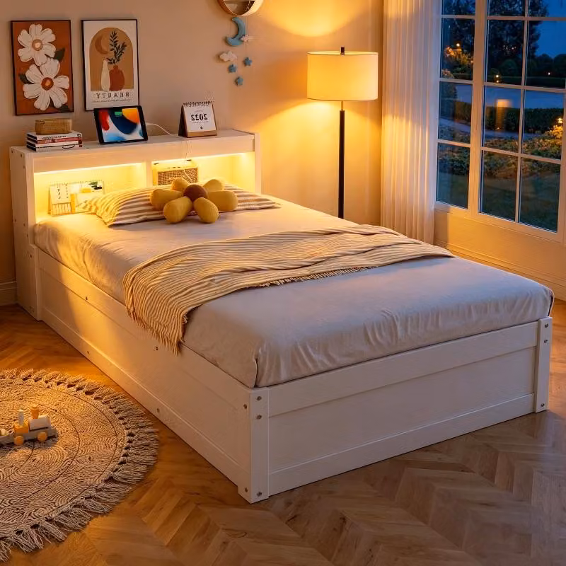 Letto contenitore 90x200 cm, bianco, in legno massello, con testiera LED e presa di corrente, dotato di meccanismo di sollevamento idraulico per la camera da letto