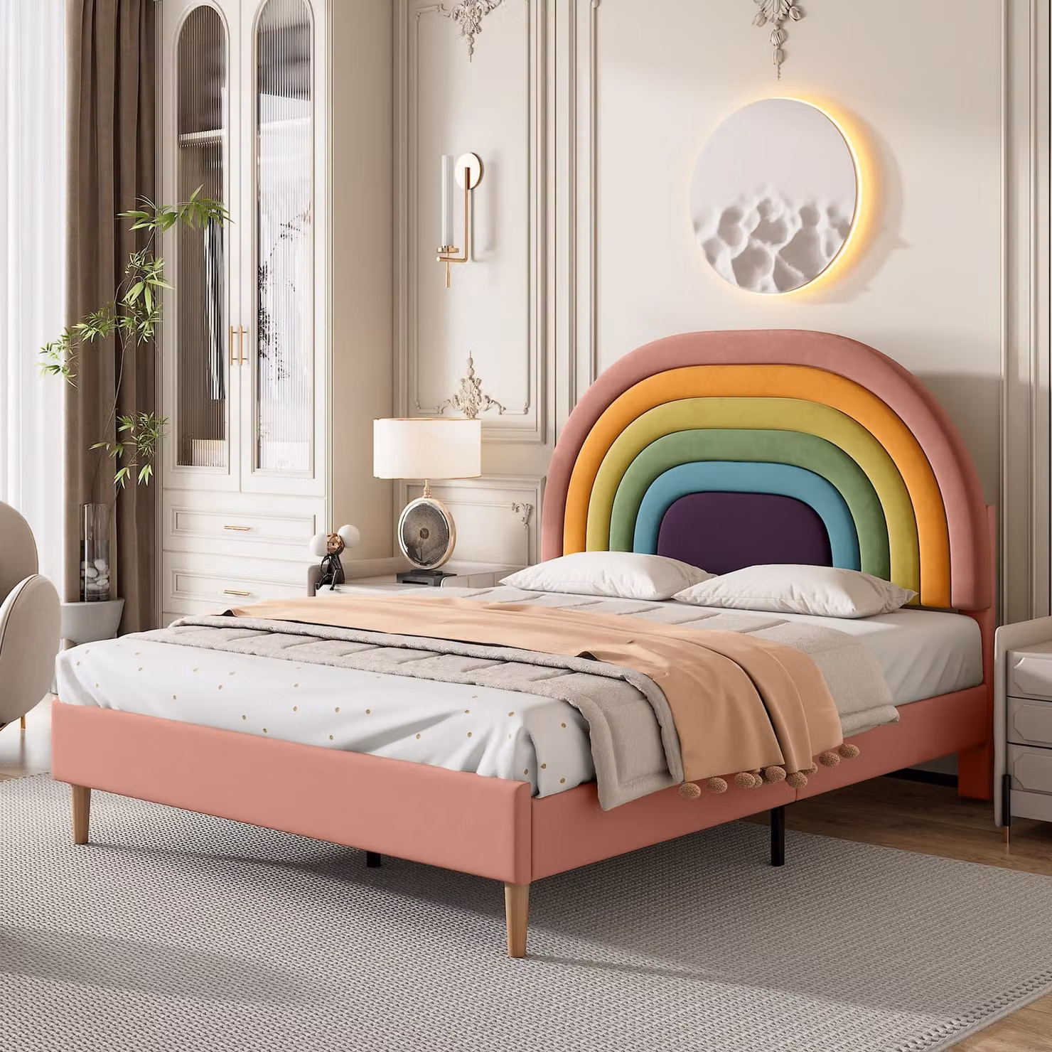 Letto imbottito 140 x 200 cm con rivestimento in velluto e poggiatesta regolabile – Letto per ragazzi con poggiatesta a tema arcobaleno e struttura con doghe in legno, disponibile nel colore rosa