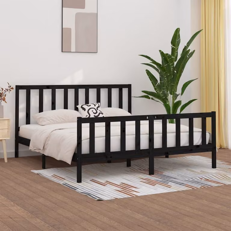 The Living Store Letto in legno massiccio nero 200x200 cm