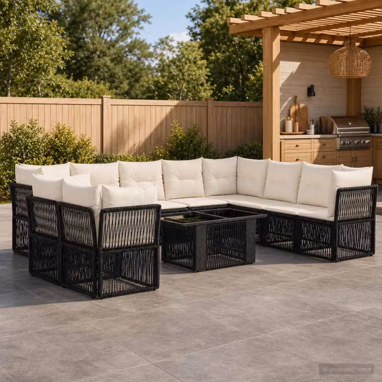 Set Divano da Giardino vidaXL 11 pz in Polyrattan Nero con Cuscini e Tavolino
