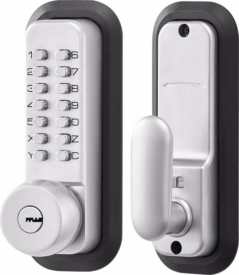SucceBuy Serratura meccanica con tastiera su un lato (codice da 4 a 7 cifre), serratura senza chiave con chiave, pomello girevole e chiusura automatica, adatta per porte d'ingresso e garage, argento
