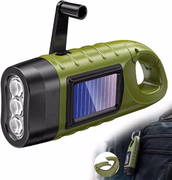 Torcia solare, ad azionamento manuale, 3 LED, pieghevole, per uso esterno, per escursioni e pesca, illuminazione di emergenza.