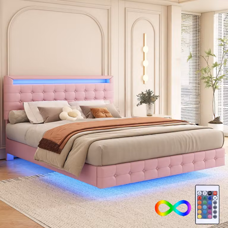 letto piano 140 x 200 cm, luce ambiente a LED, sospensione, materiale PU, regolazione in altezza della testata a tre livelli, rosa