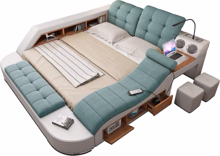 Bett Doppel Leder Polster Betten Multifunktion mit Massagefunktion Regale