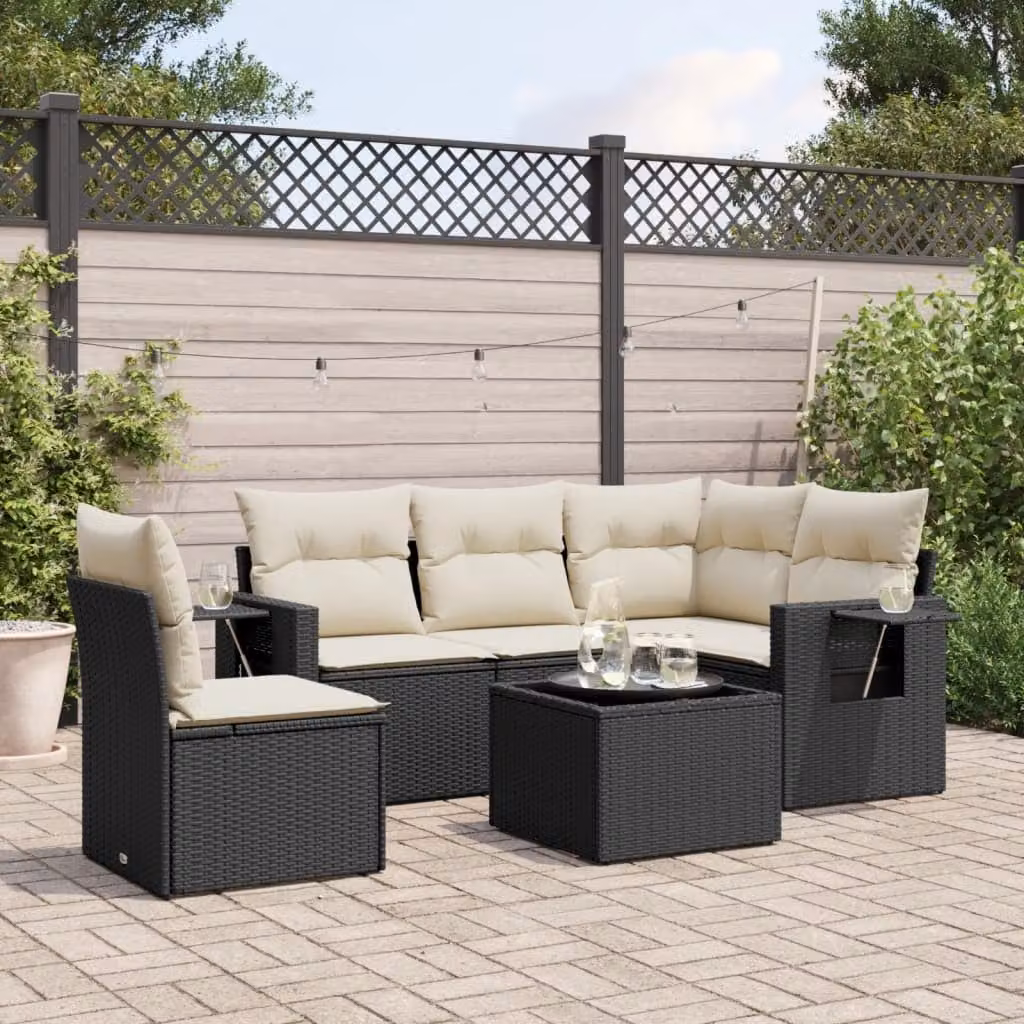 vidaXL Set Divano da Giardino a L 6 pz in Polyrattan Nero con Cuscini e Tavolino da Esterno – 1