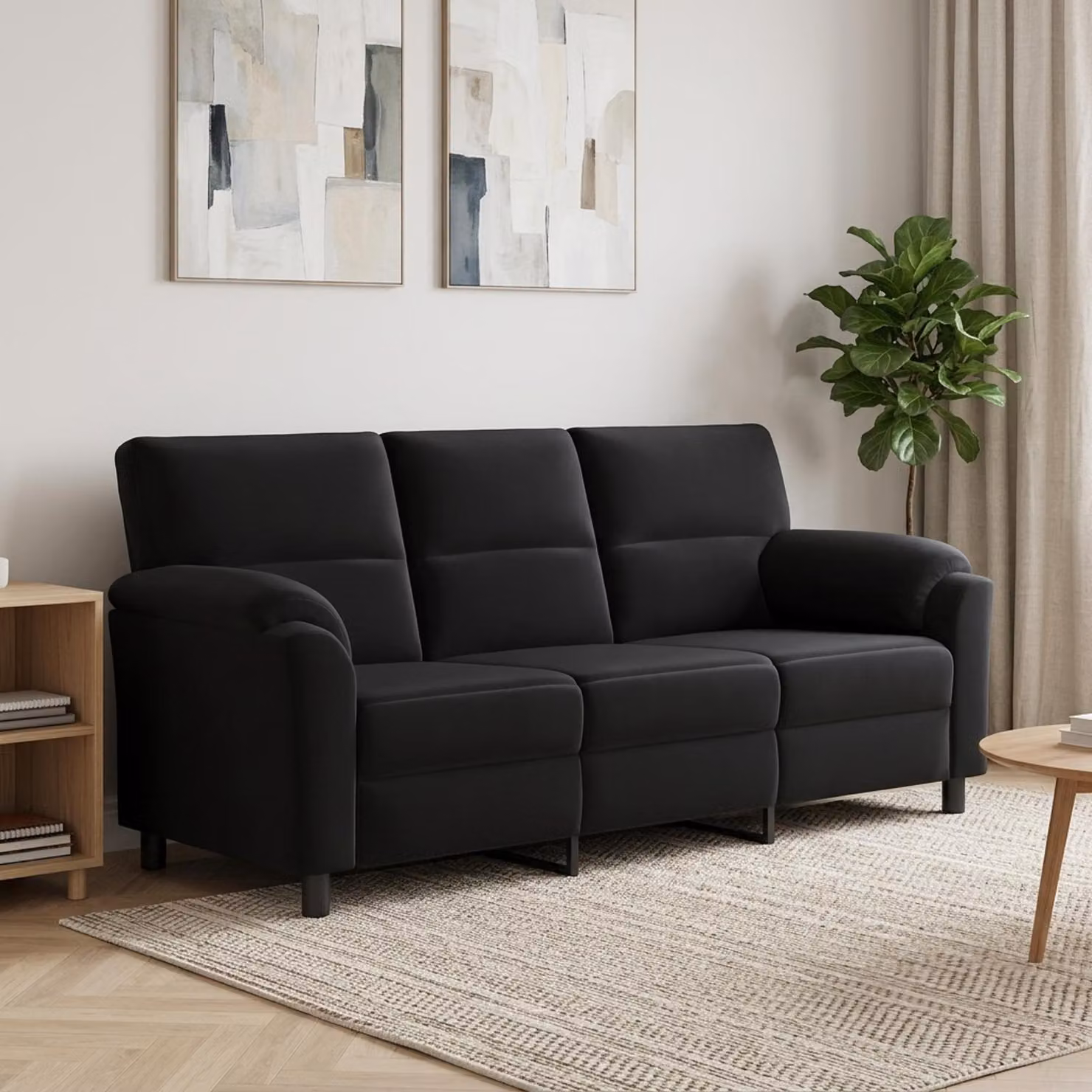 Divano moderno vidaXL in velluto nero con struttura in metallo, L: 214 cm, P: 85 cm, H: 93 cm
