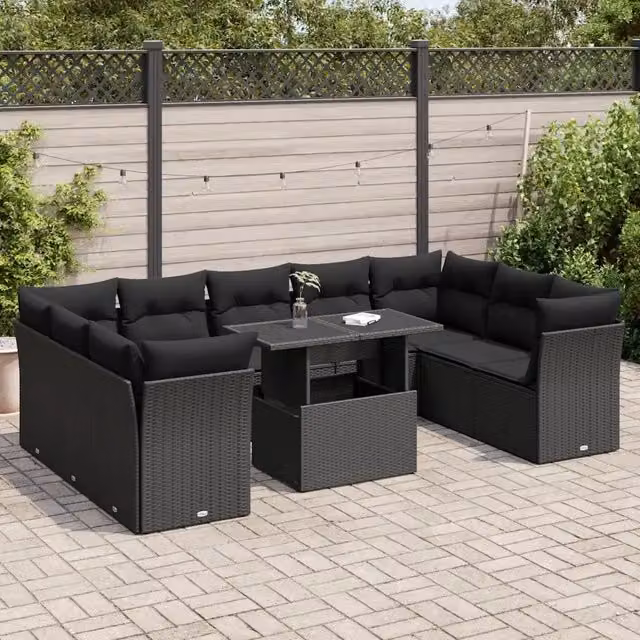Set Divani da Giardino 10pz con Cuscini in Polyrattan Nero 3326216