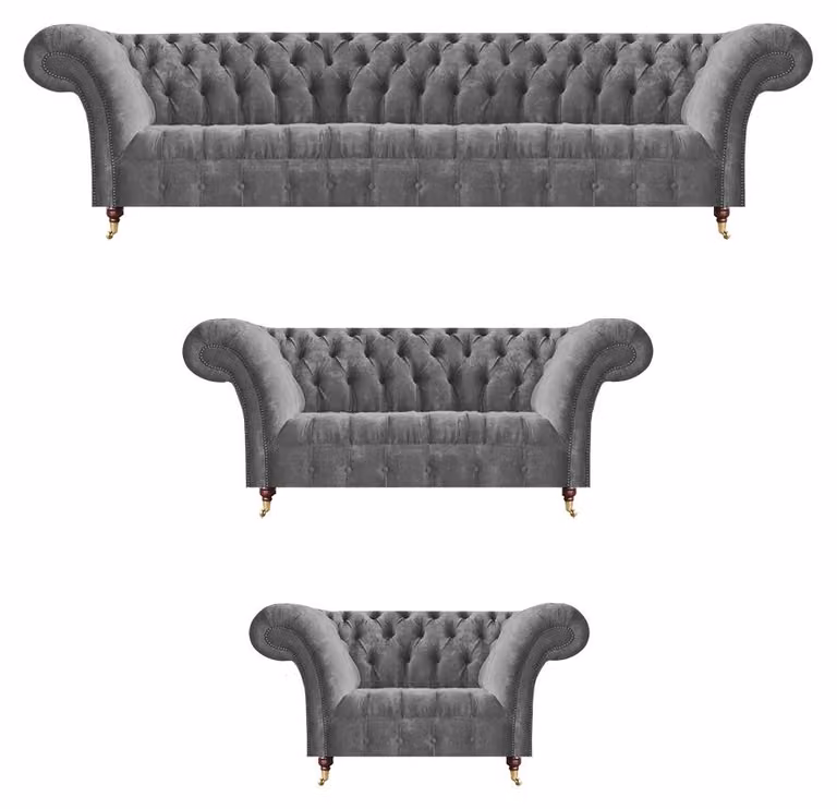 Edle Chesterfield Sofagarnitur Grauer Textil Viersitzer Polster Sessel