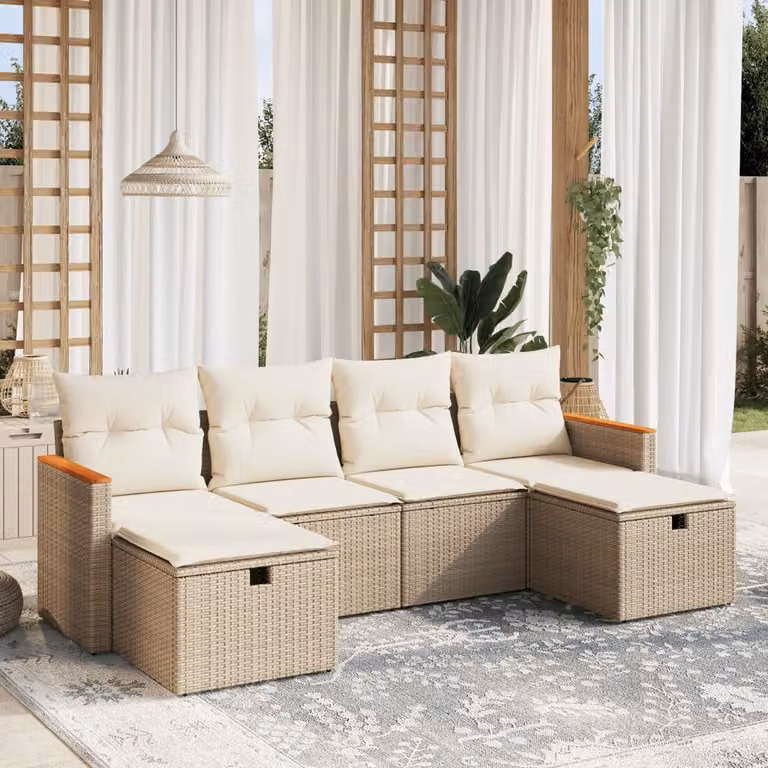 Set Divano da Giardino vidaXL 6 pz a L con Cuscini Beige e Struttura in Metallo e Polyrattan