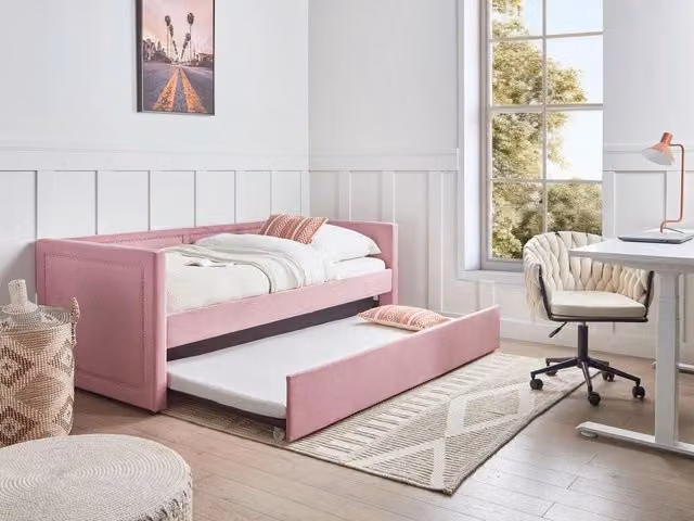 Letto da giorno estraibile Beliani in velluto a coste rosa con finitura nailhead trim e rete a doghe, misura singola 90 x 200 cm