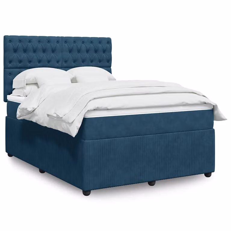 vidaXL Giroletto a Molle Ibrido con Materasso in Velluto Blu e Bianco L/P/H: 190 x 140 x 150,5 cm