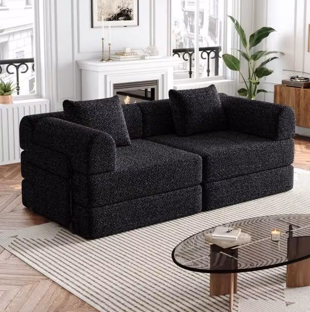 Divano letto ULEVR 2 in 1 in ciniglia nera con vano nell'appoggiabraccio e struttura in acciaio