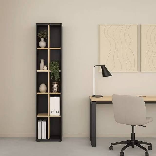 Libreria Erevan, Scaffale da ufficio, Mobile portalibri, Biblioteca, 41x34 h205 cm, Rovere e Grigio