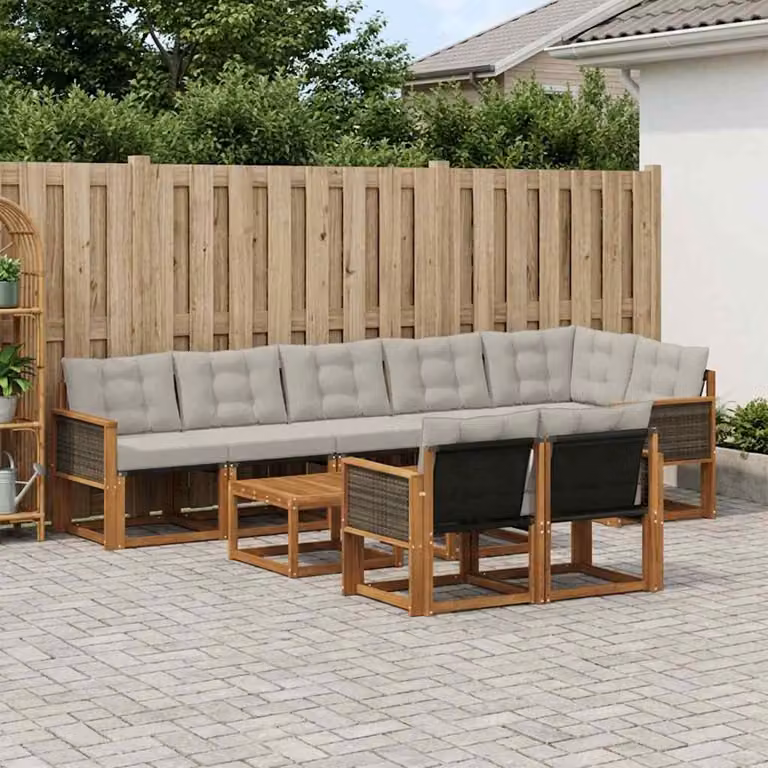 vidaXL Set di divani da esterno a forma di U composto da 9 pezzi in legno di acacia e tessuto textilene, Beige e Grigio