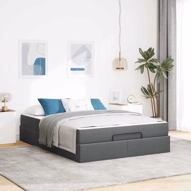 Letto matrimoniale con materasso in schiuma vidaXL, struttura imbottita in tessuto grigio con cassetti, L: 160 cm, P: 200 cm, H: 43,5 cm