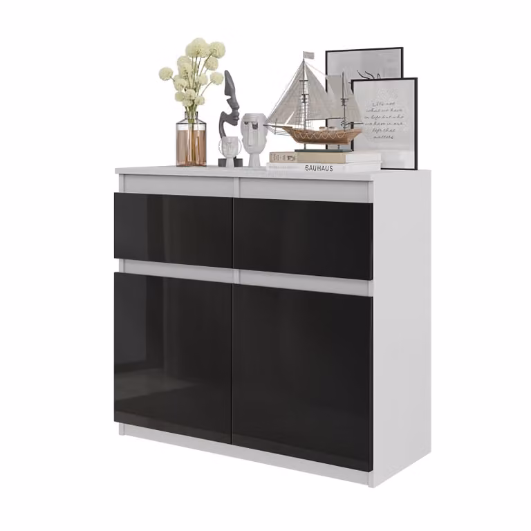 Cassettiera Noah – Bianco opaco / Nero lucido, 2 cassetti, 2 ante, 2 ripiani interni, 80 cm – Credenza per il soggiorno