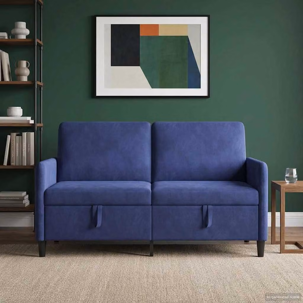 Divano moderno vidaXL con contenitore e seduta sollevabile, rivestimento in tessuto blu, L: 152 cm, P: 78 cm, H: 87 cm