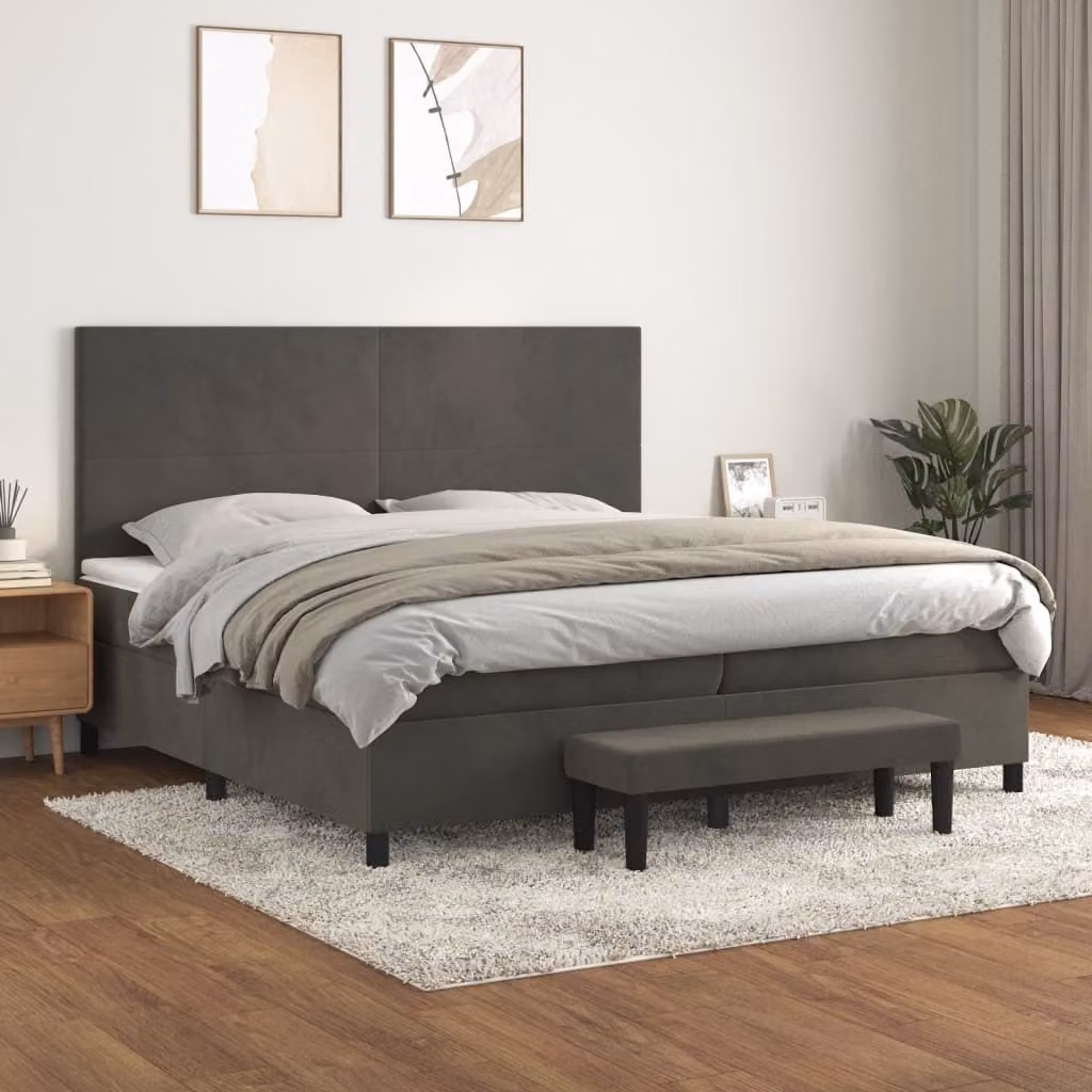The Living Store Letto a molle con materasso grigio scuro 200x200 cm in velluto