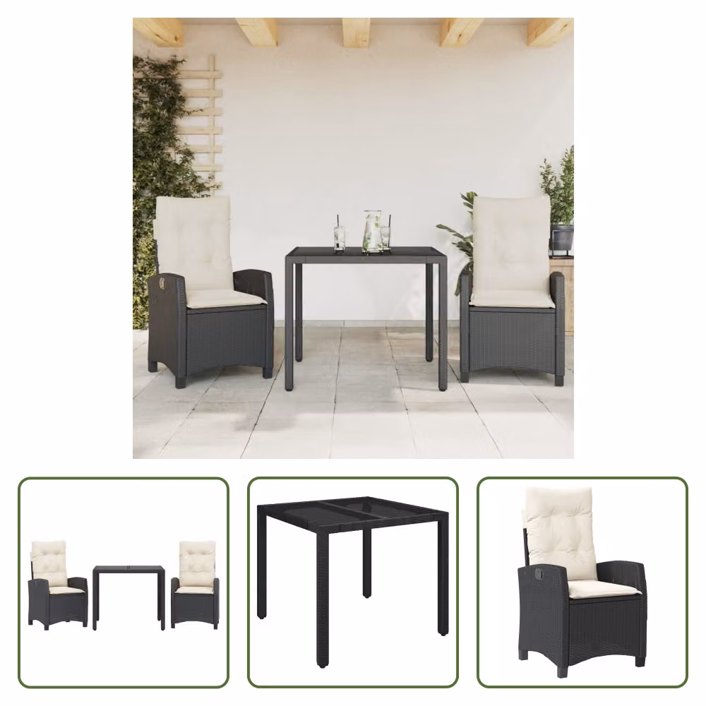The Living Store Set da pranzo da giardino in 3 pezzi con cuscini in poly rattan nero