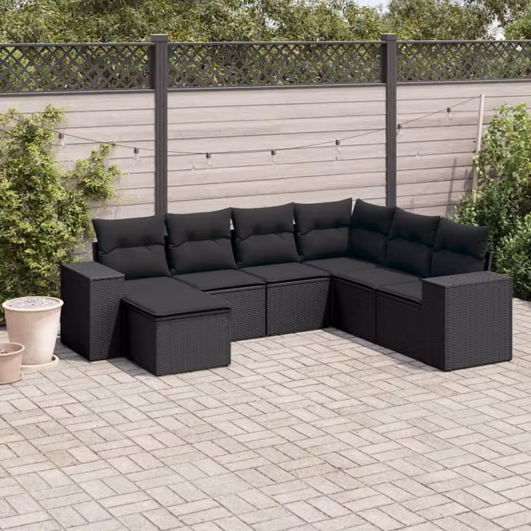 vidaXL Set Divani da Giardino a L con Cuscini 7pz Nero Polyrattan e Struttura in Metallo