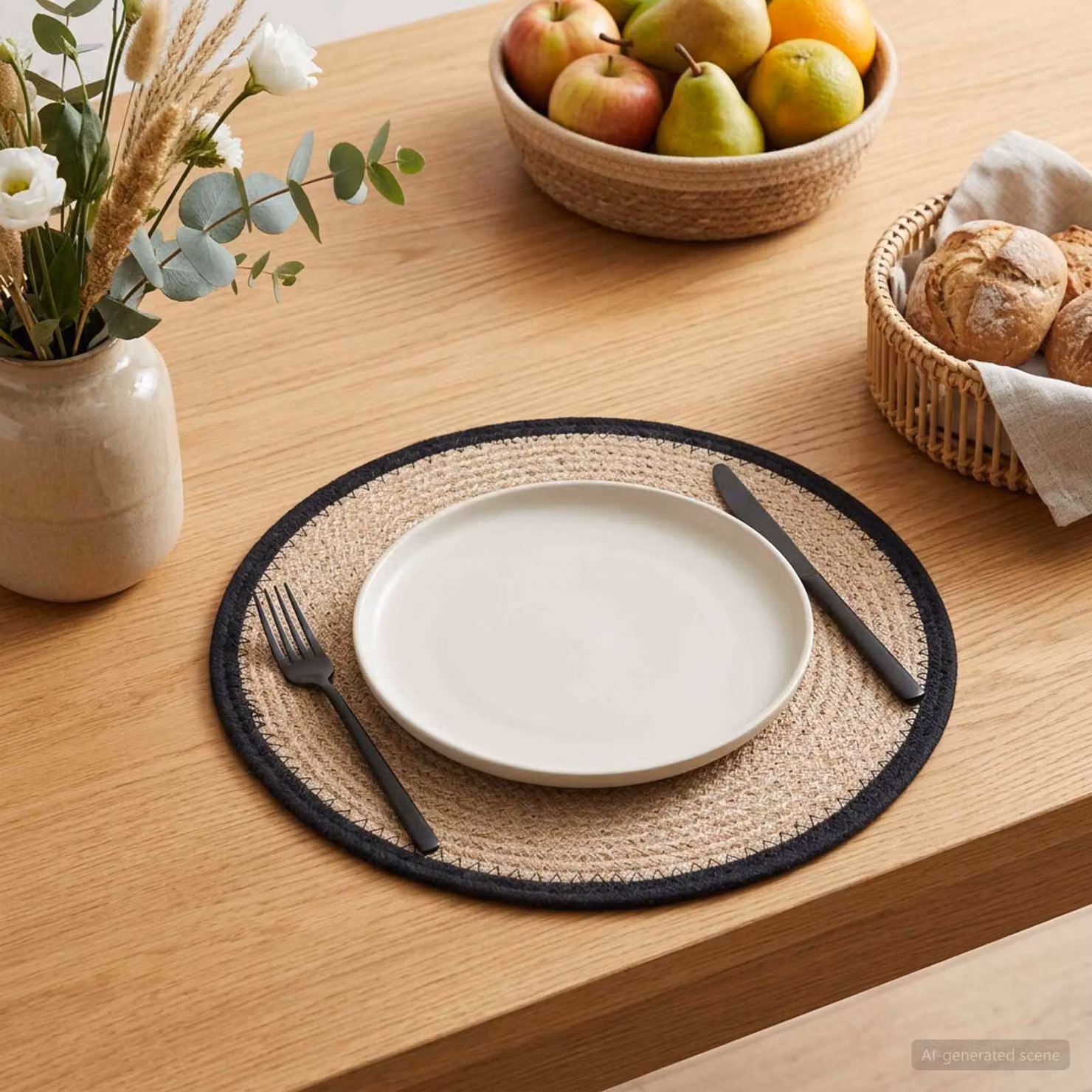 Set di 4 sottobicchieri rotondi vidaXL in juta naturale e nero, stile rustico, Diametro: 30 cm